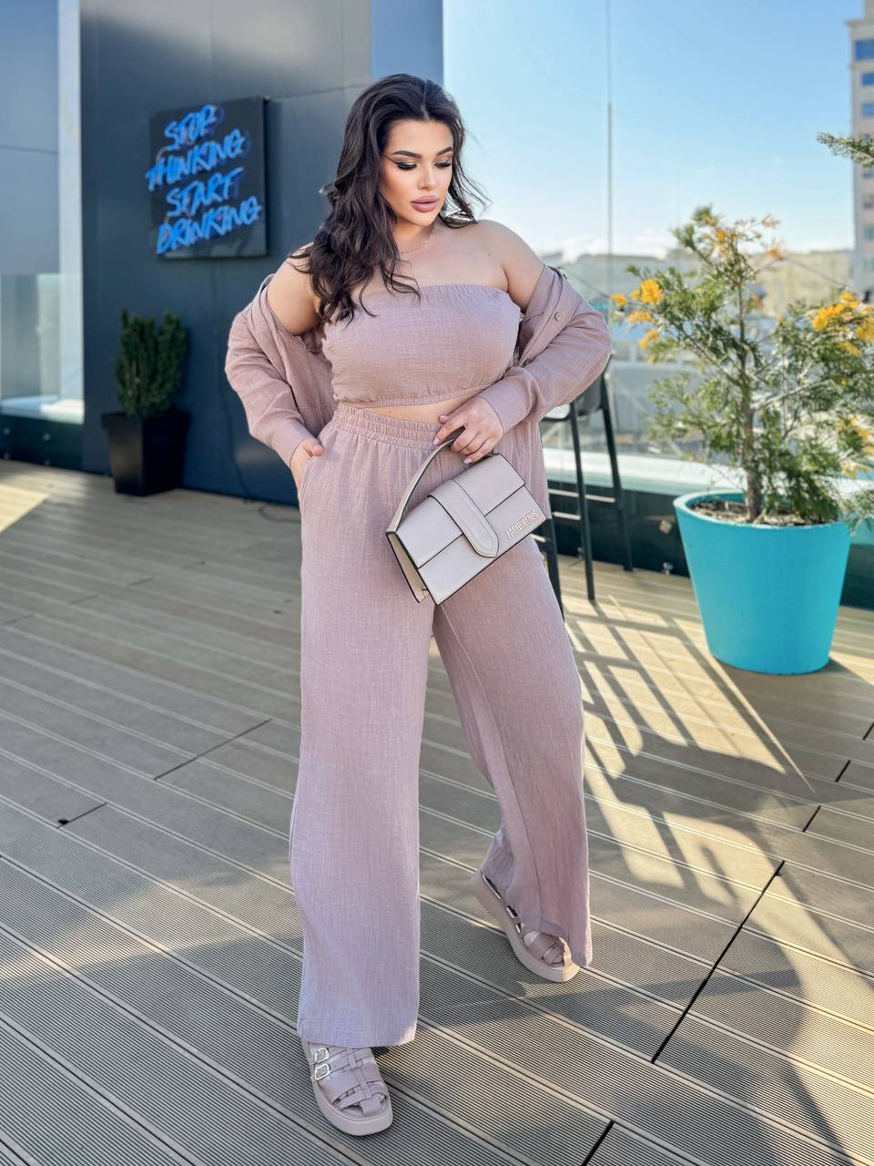 Womens Three-Piece Linen Suit Set Casual Loose Fit