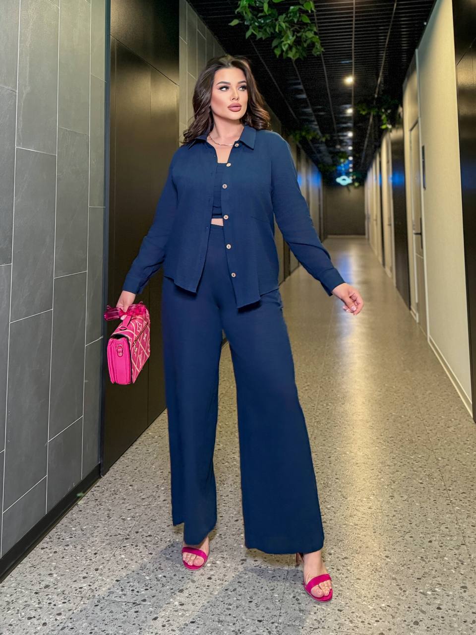 Women Three-Piece Linen Suit Navy Blue