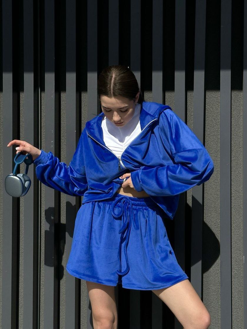 Blue Velour Two-Piece Suit with Hoodie and Shorts