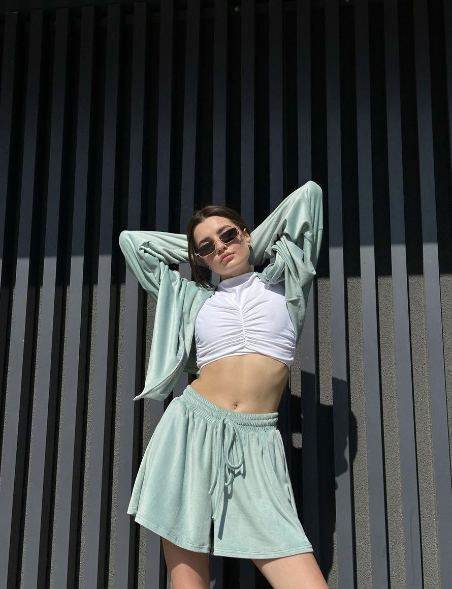 Velour Two-Piece Suit Light Green Comfortable Casual Set