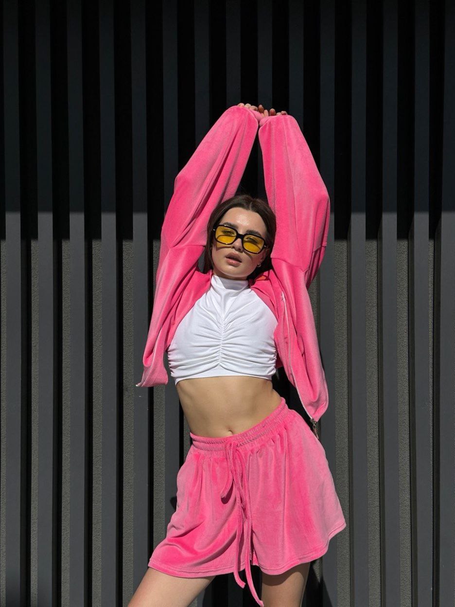 Women Pink Velour Two-Piece Suit with Drawstring Shorts and Zip-Up Jacket