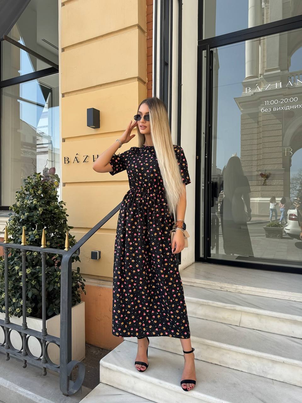Black Floral Midi Dress Women Summer Silk Soft Fabric