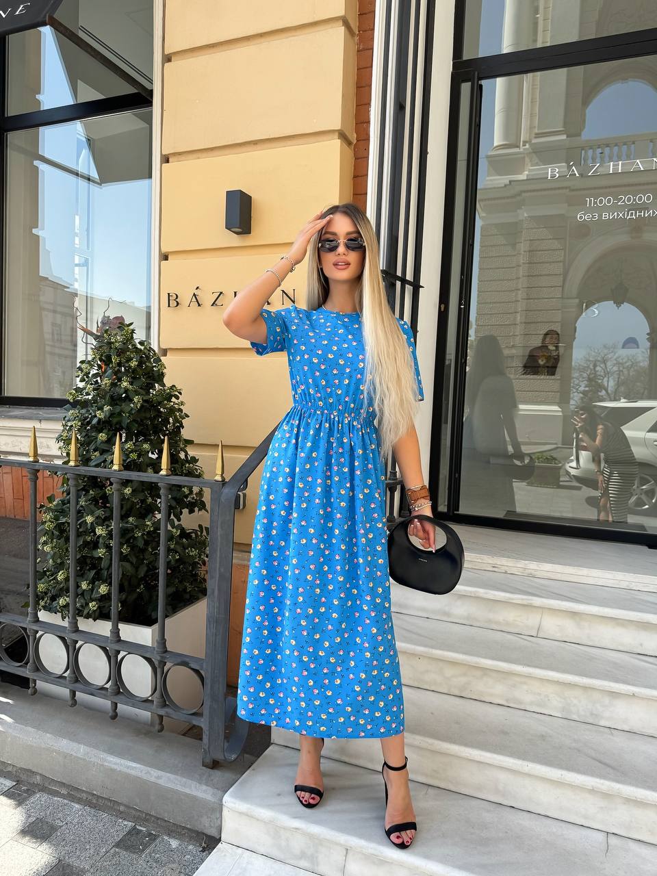 Blue Floral Midi Dress for Women