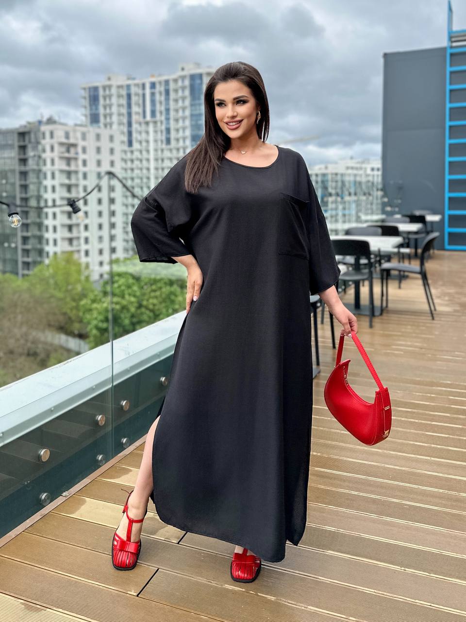 Black Linen Midi Dress with Side Slits and Pocket