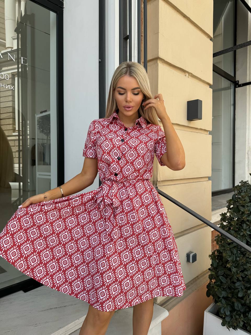 Red Patterned Silk Soft Dress with Short Sleeves and Collar
