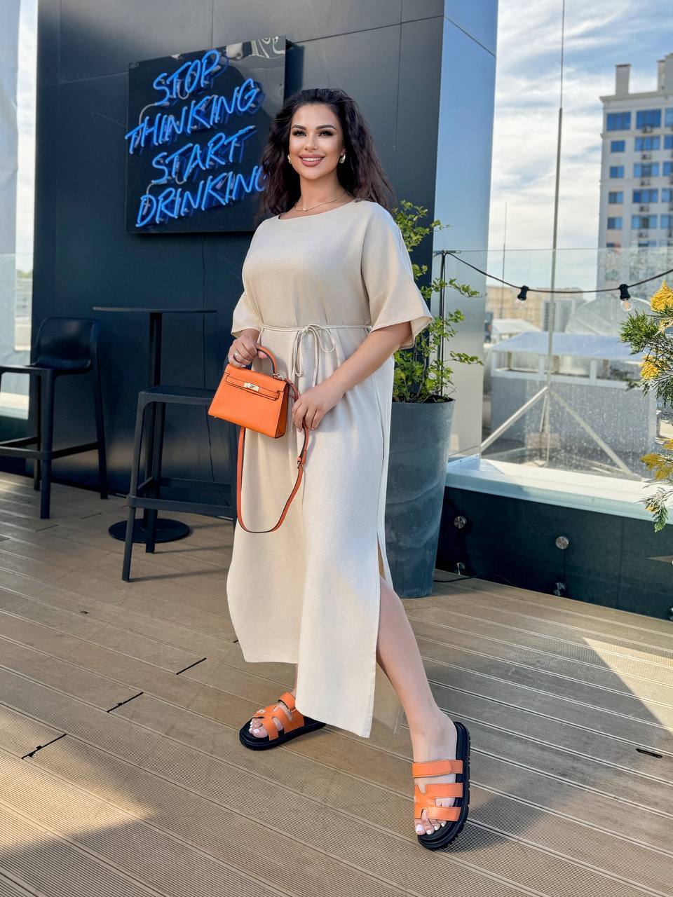 Beige Linen Casual Midi Dress with Side Slit and Tie Waist