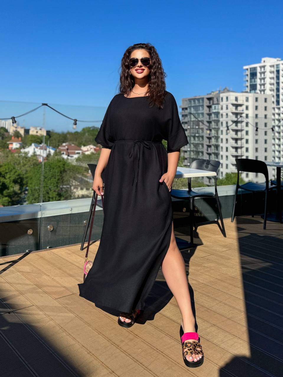 Black Linen Maxi Dress with Side Slit and Waist Tie