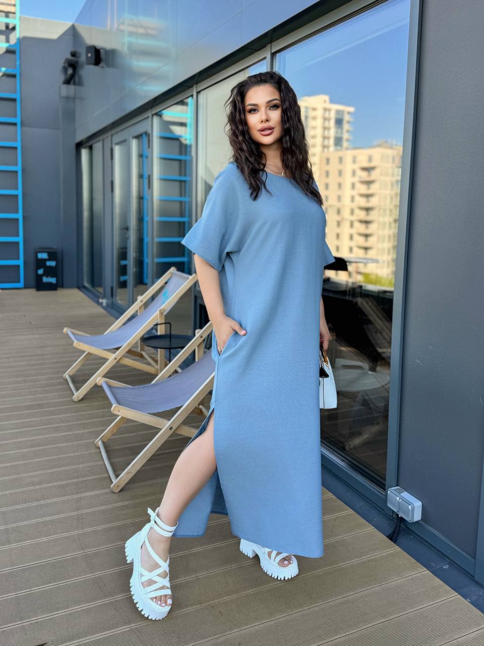 Light Blue Linen Maxi Dress with Side Slits and Pockets