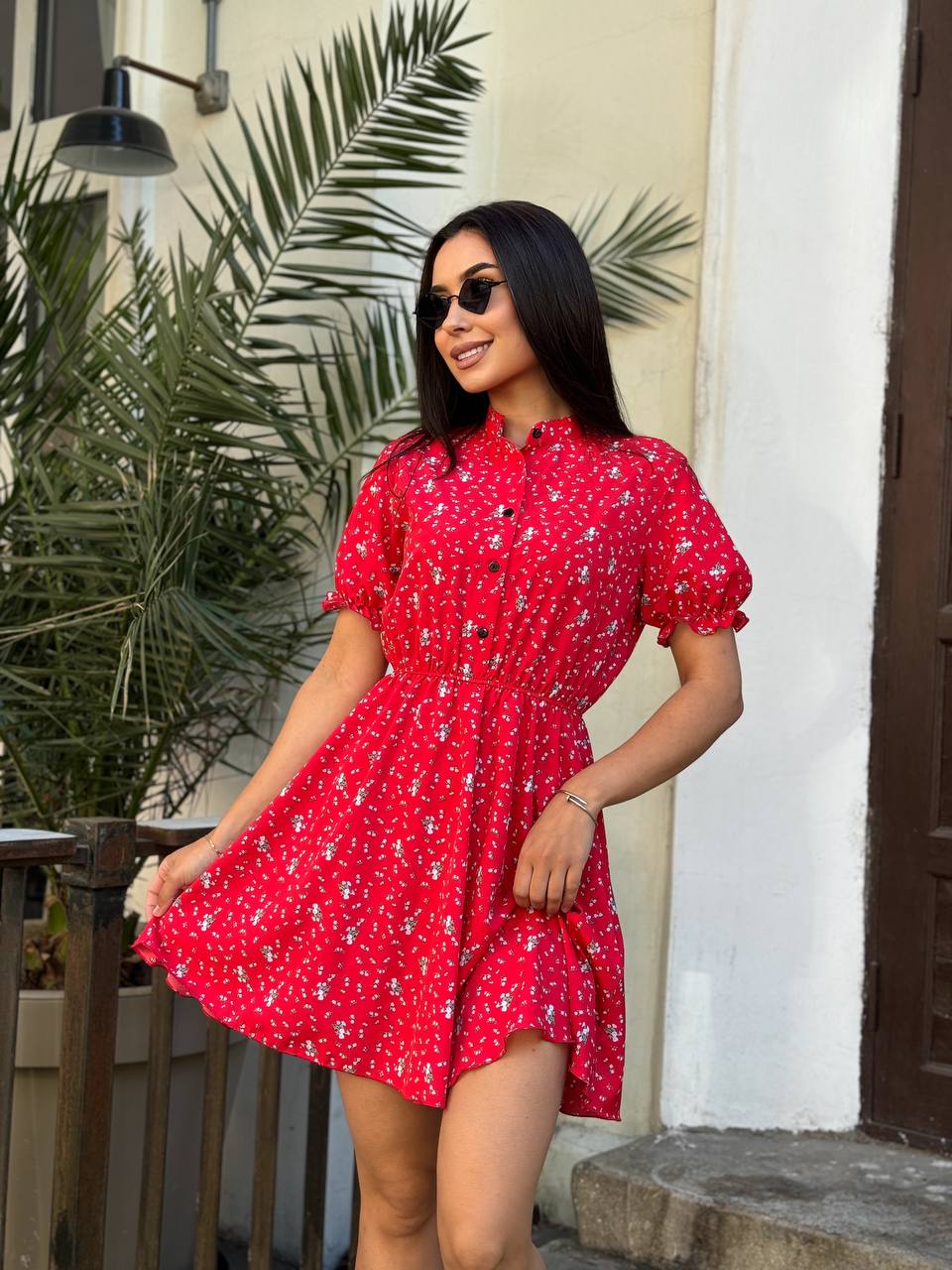 Red Floral Short Sleeve Dress with Button Front