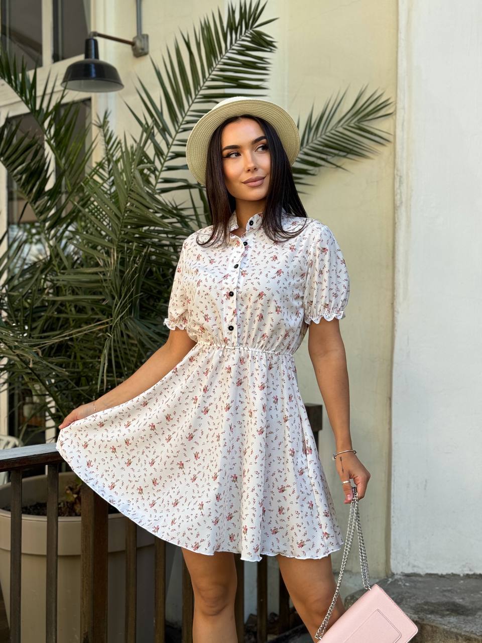 White Floral Button Down Dress with Puff Sleeves