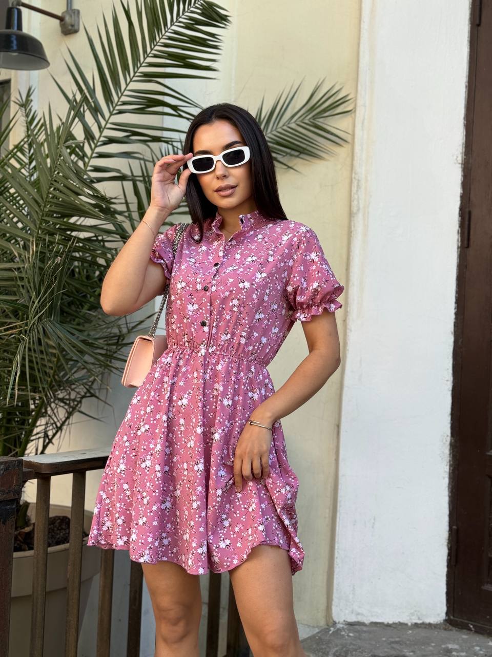 Pink Floral Short Sleeve Dress with Button Front