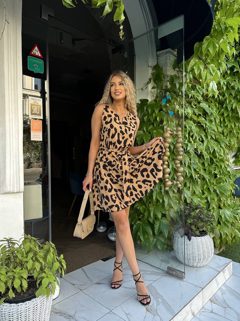 Sleeveless Leopard Print Soft Silk Dress with Belt