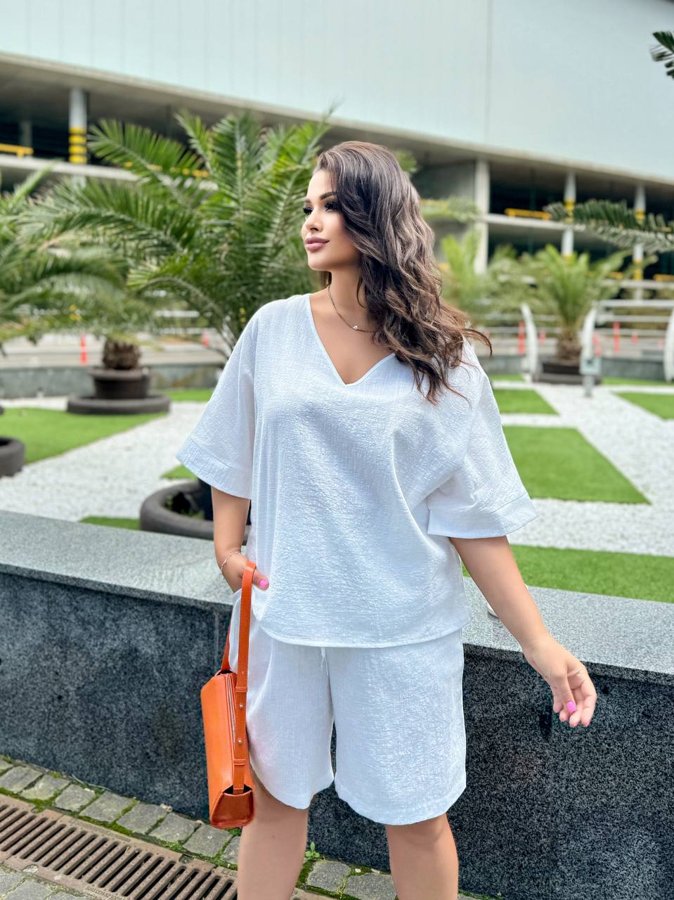 White Lightweight Crinkled Linen Summer Suit for Women