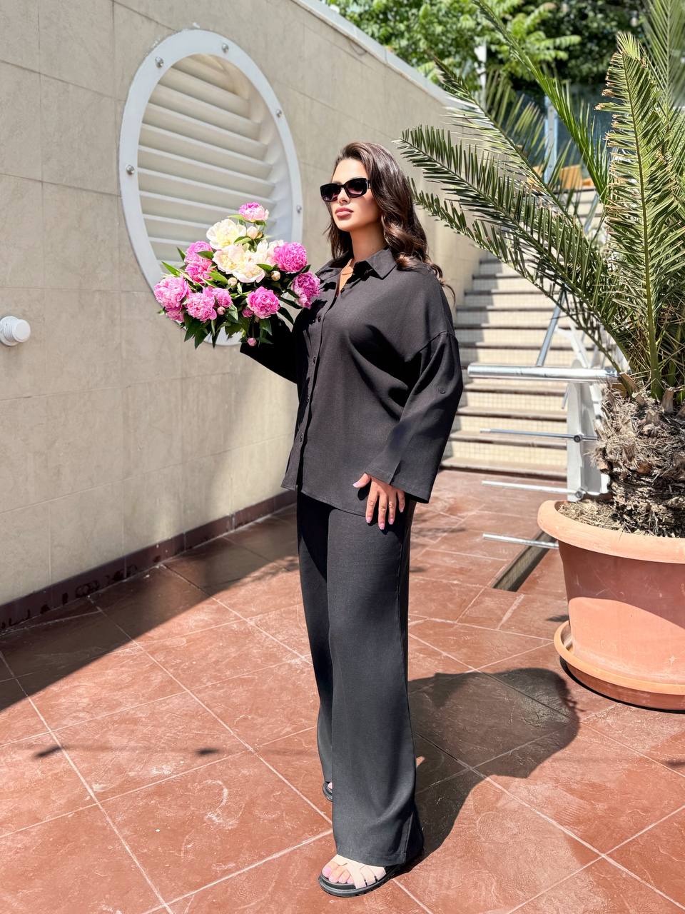 Women Black Linen Two-Piece Outfit Casual Loose Fit Shirt and Wide Leg Pants
