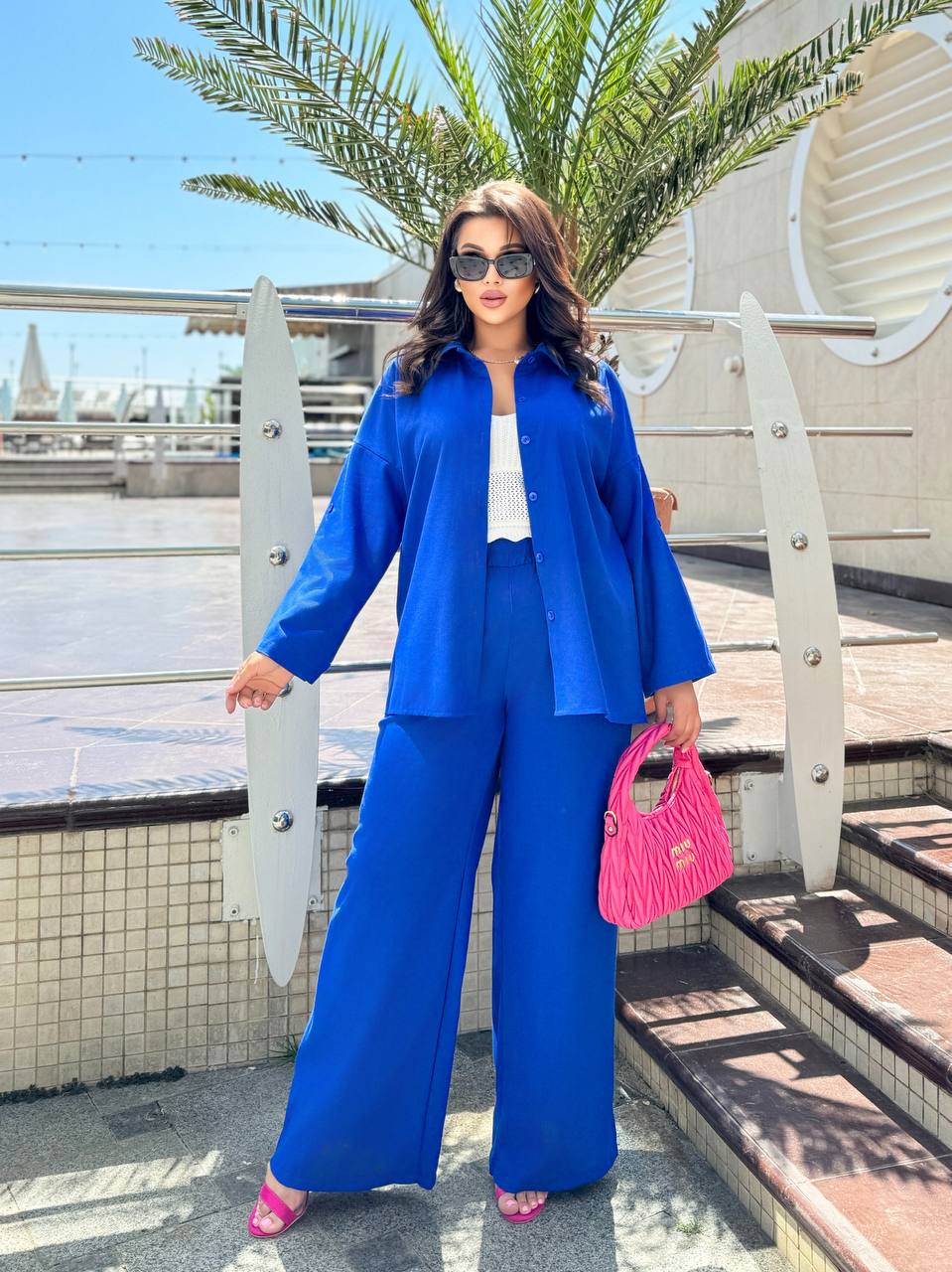 Womens Blue Linen Two-Piece Suit Casual Loose Shirt and Wide-Leg Pants