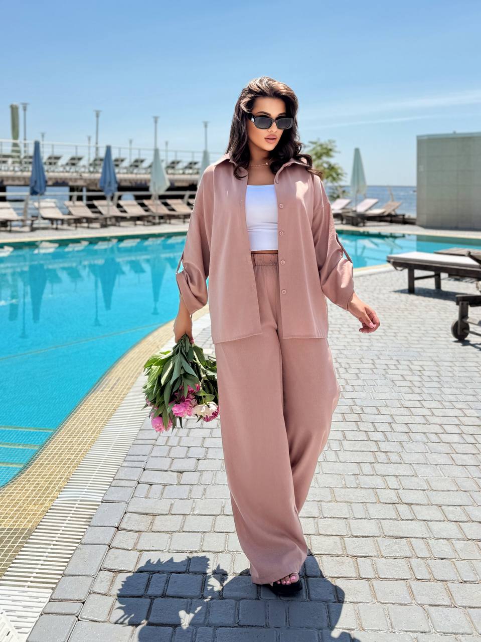 Women Pink Linen Loose Fit Shirt and Wide Leg Pants Set