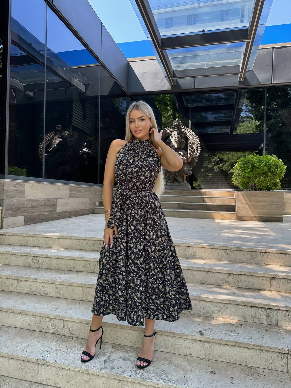 Elegant Black Floral High Neck Silk Soft Midi Dress