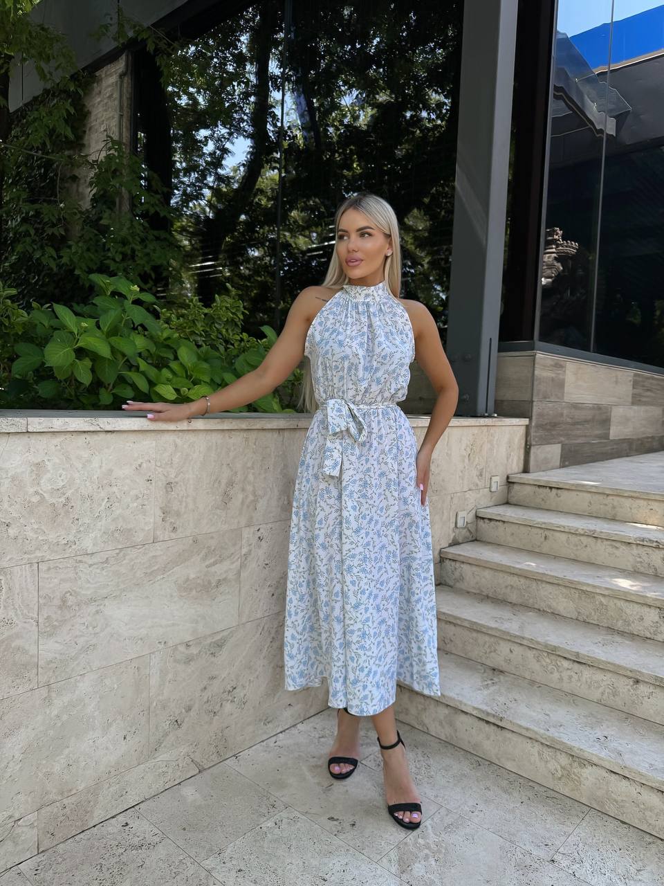 White Floral Halter Neck Midi Dress with Waist Tie