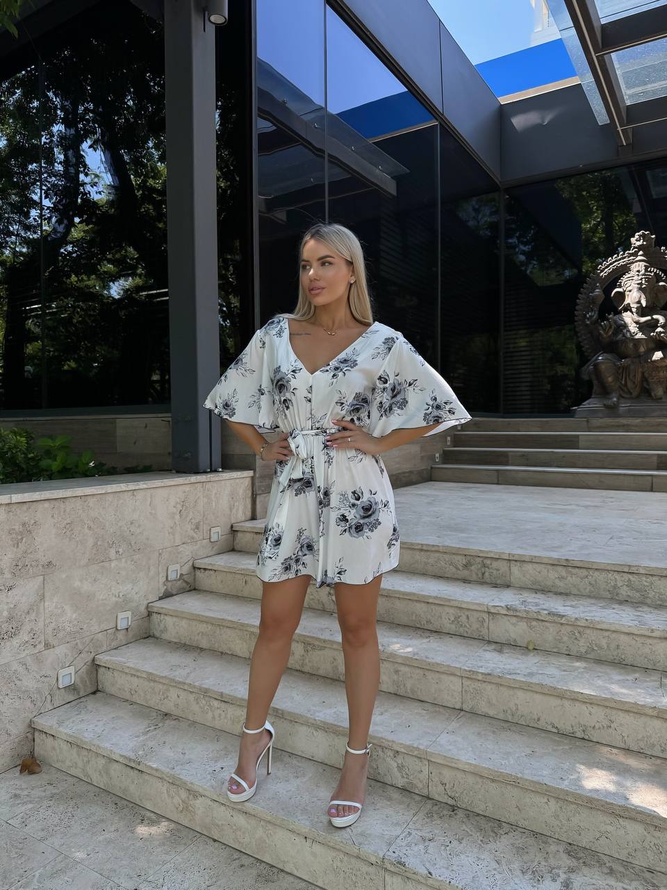 White Floral Staple Jumpsuit with V Neck and Belt
