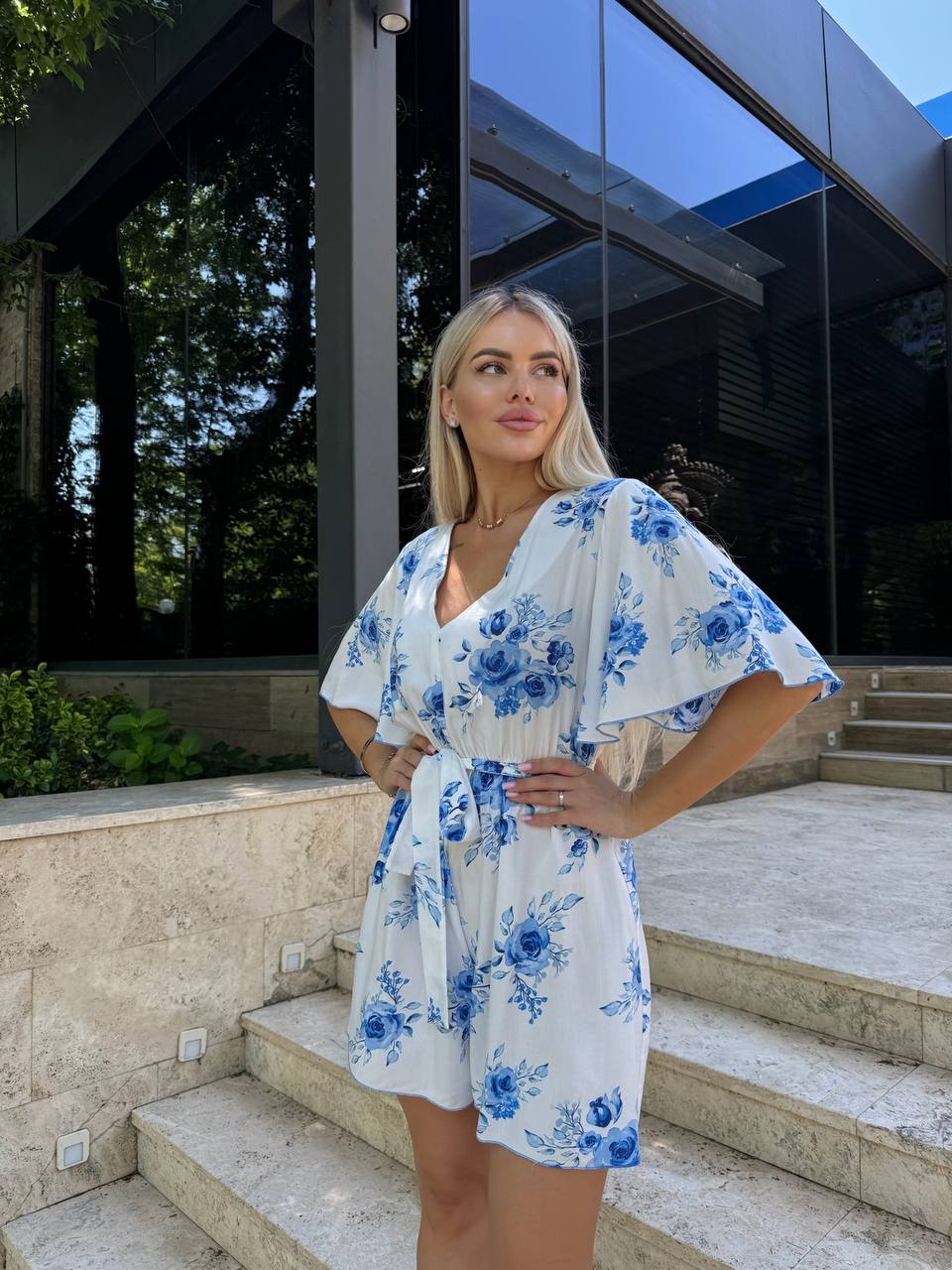 White Floral Short Sleeve Jumpsuit with Blue Flowers