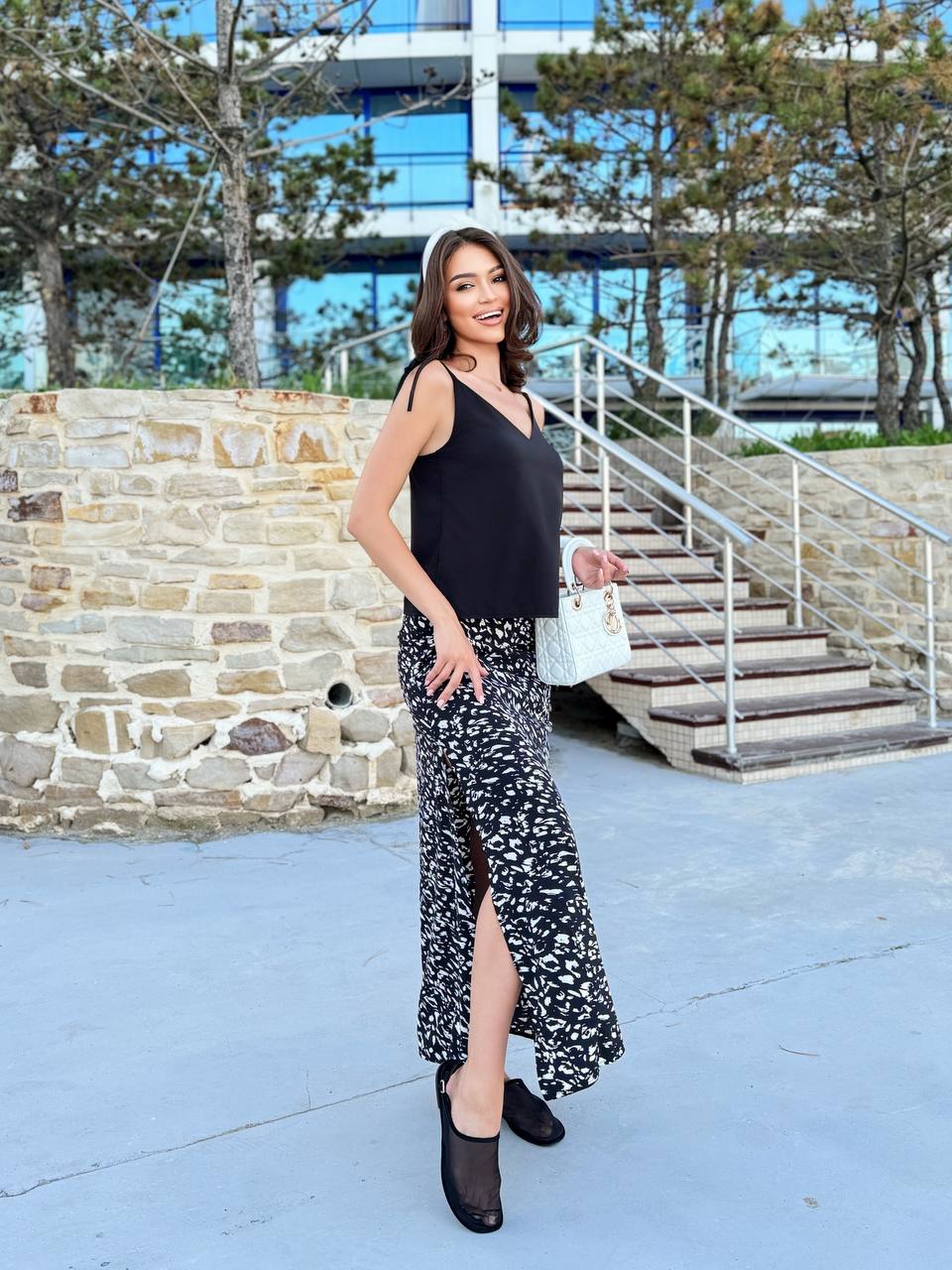 Womens Black V Neck Top with Tie Shoulder and Printed Long Skirt Set