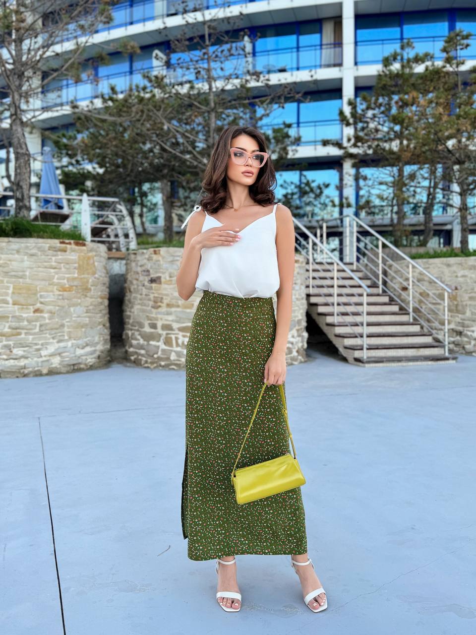 Womens Summer Set V Neck Top and Green Floral Maxi Skirt