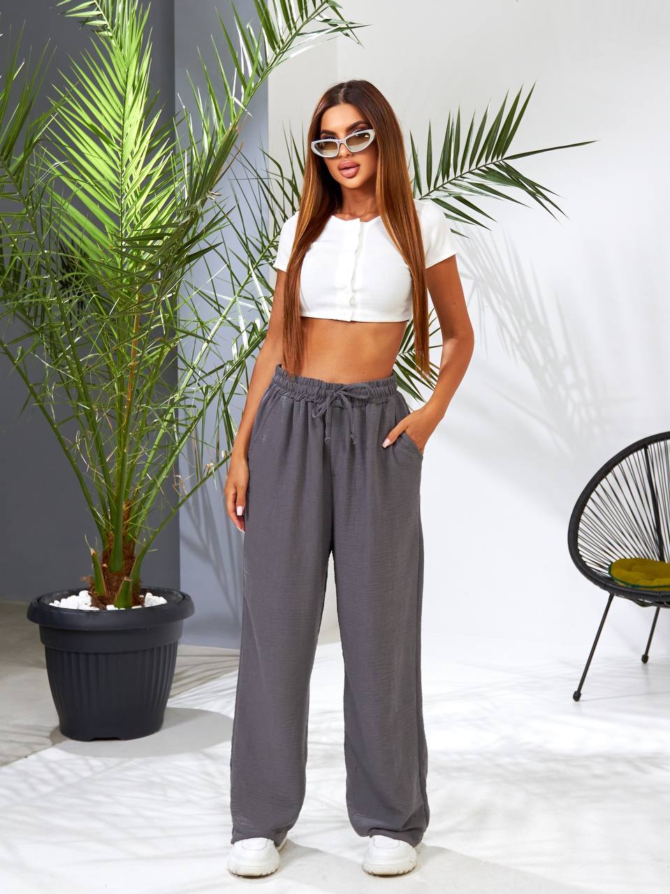 Gray Linen Wide Leg Casual Trousers with Drawstring Waist