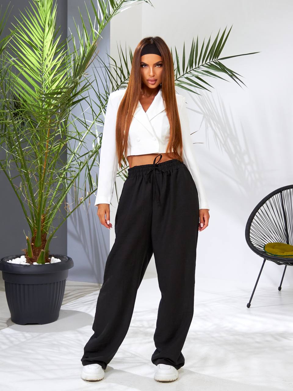 Black Linen Loose Fit Trousers Women Elastic Waist Casual Pants