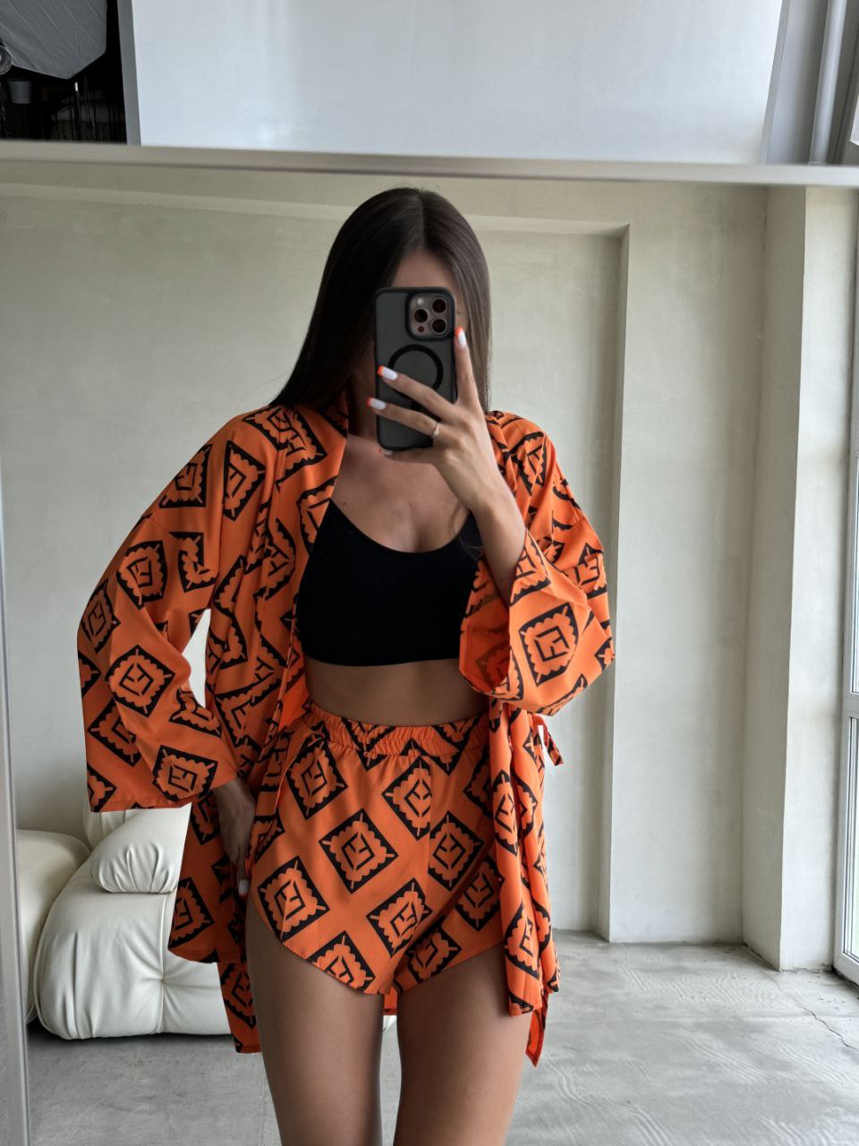 Orange Two-Piece Soft Fabric Suit with Geometric Print