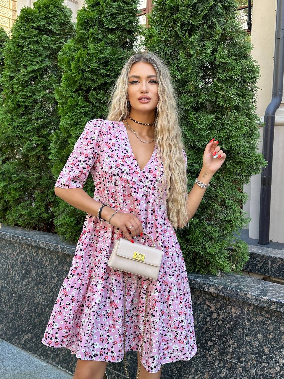 Pink Floral Silk Soft Midi Dress with Puff Sleeves