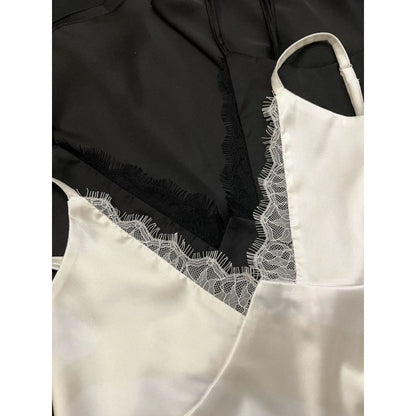 Elegant White Silk Slip Dress with Lace Detail and Back Cutout