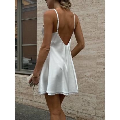 Elegant White Silk Slip Dress with Lace Detail and Back Cutout