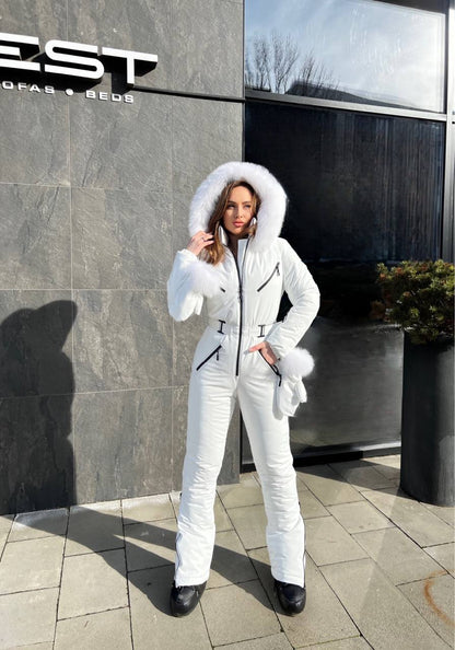 White Women And Kids Ski Jumpsuit with Belt Mittens and Bag Insulated Winter Snow Suit