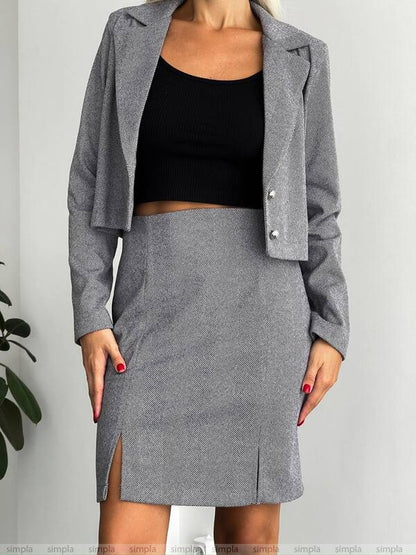 Gray blazer and skirt set with black top on a plain background