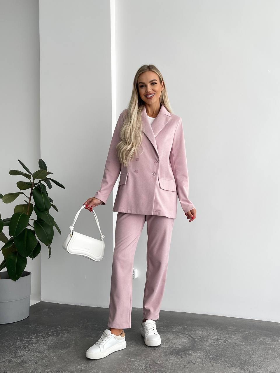 Women Pink Two-Piece Suit Cashmere Herringbone