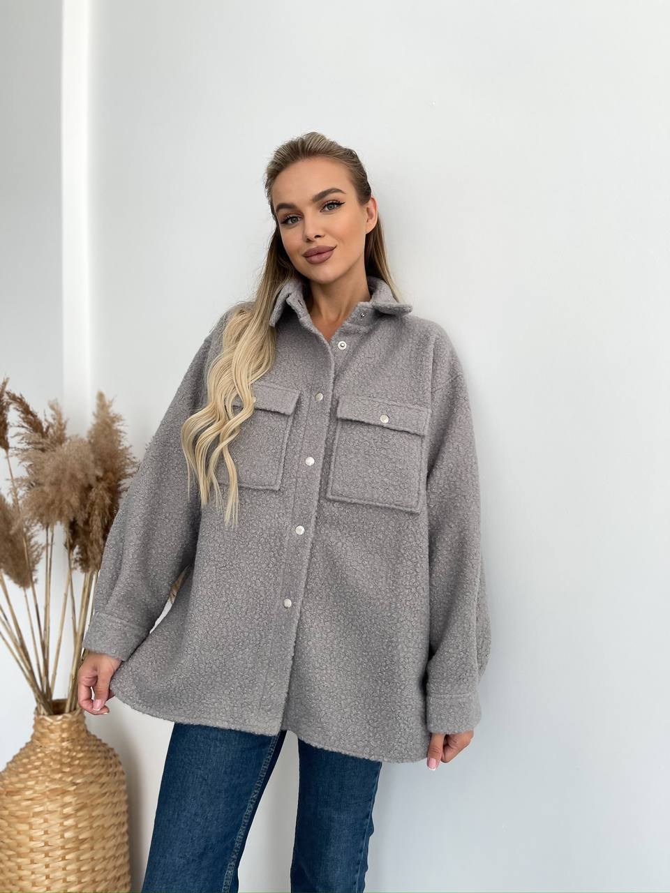Womens Grey Boucle Wool Shirt Jacket with Pockets