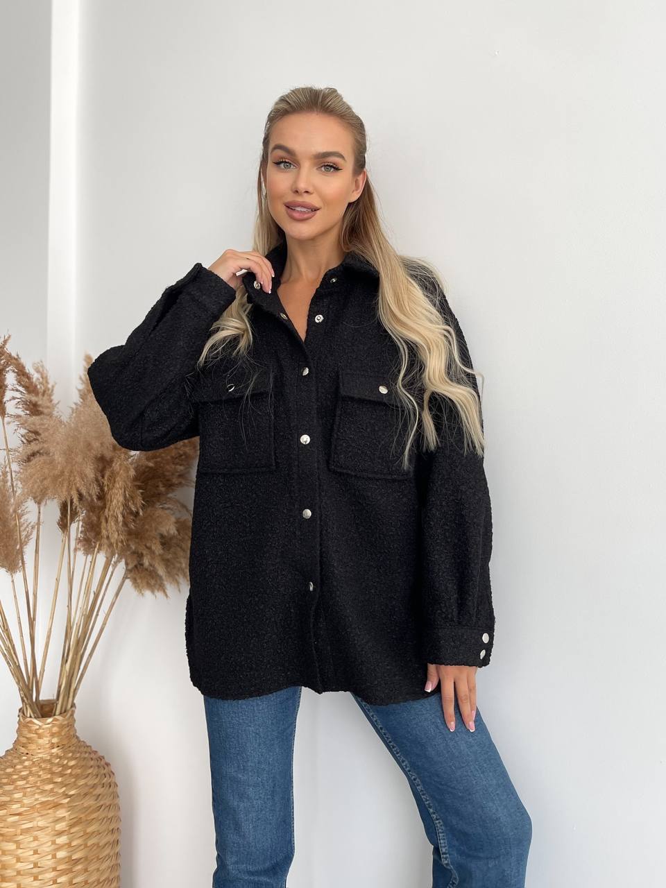 Black Boucle Wool Shirt Jacket for Women