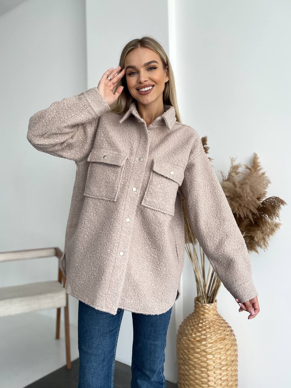 Womens Cozy Wool Boucle Shirt Jacket