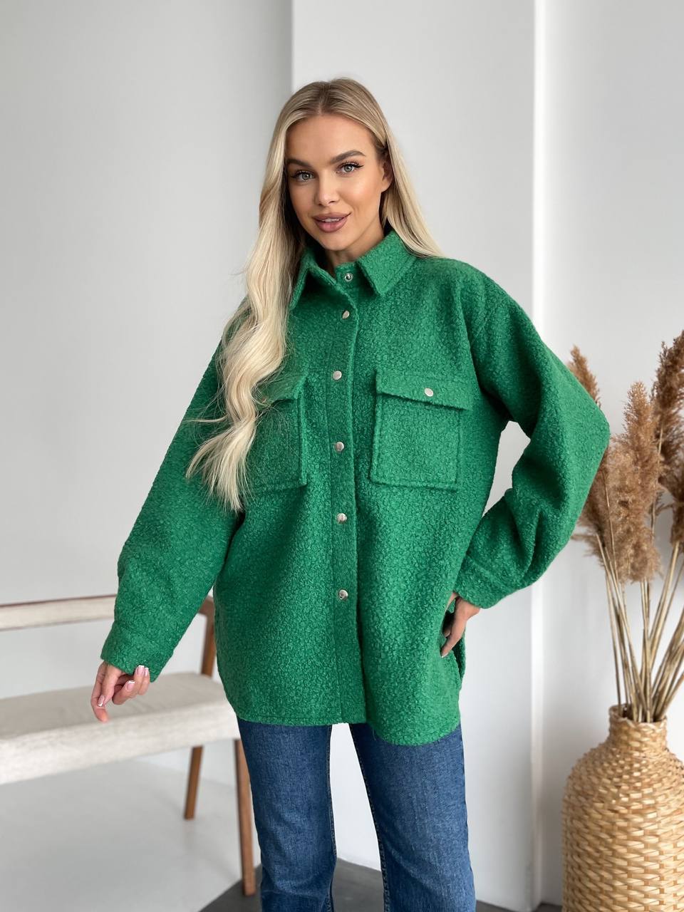 Green Boucle Wool Shirt Jacket for Women