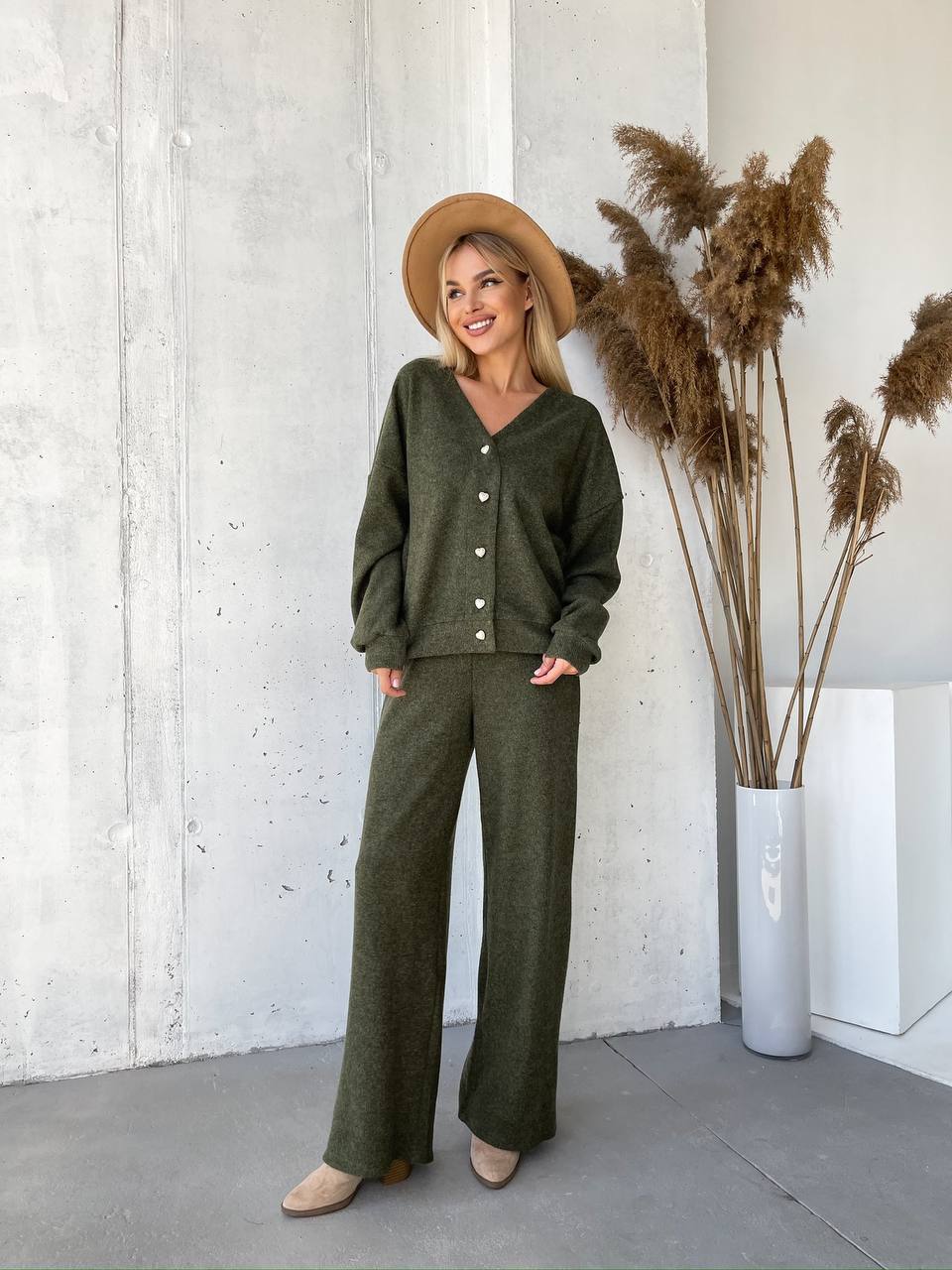 Women Knit Two-Piece Angora Ribbed Suit in Olive Green