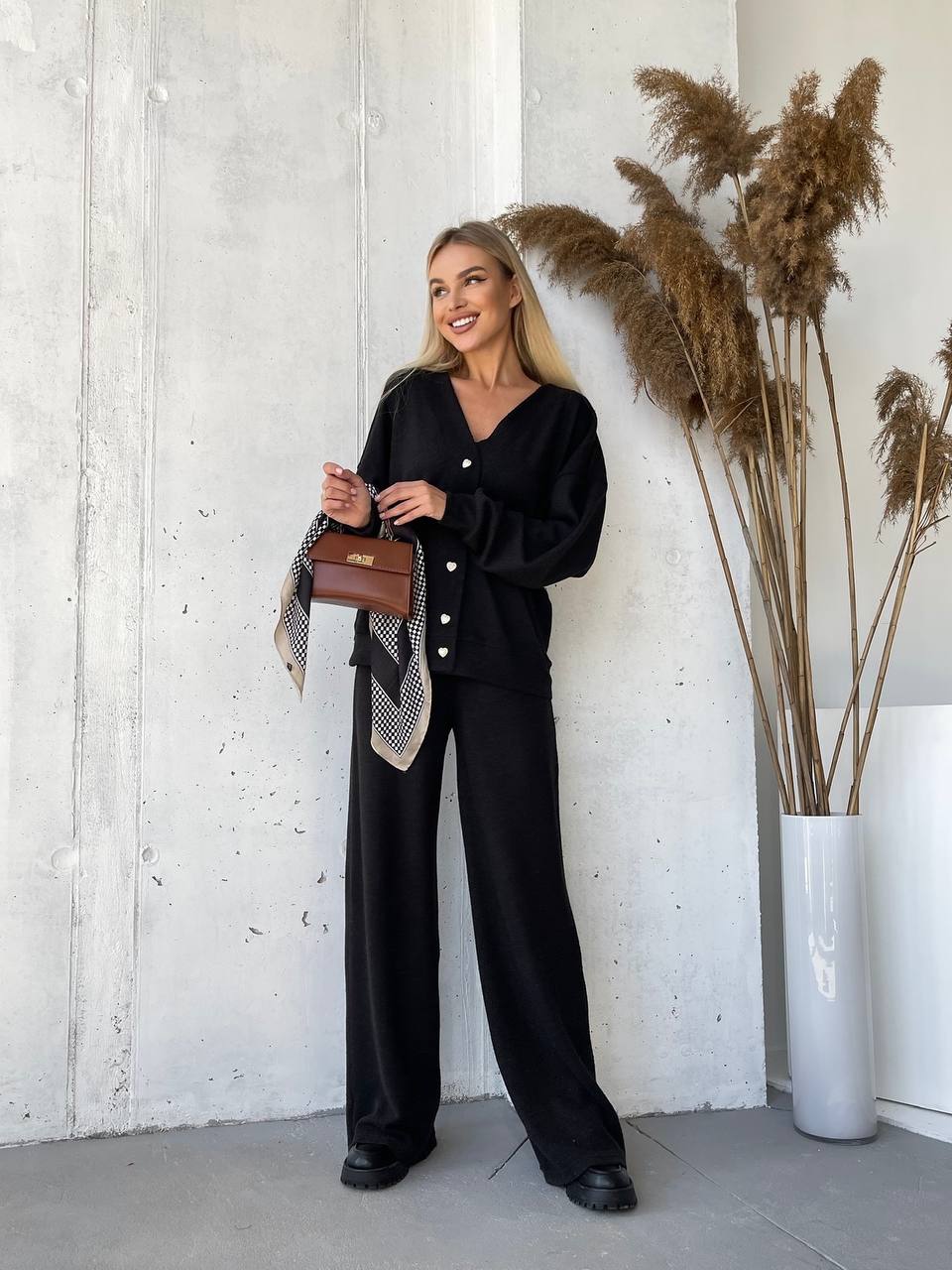 Black Ribbed Angora Knit Two-Piece Suit with Buttoned Cardigan
