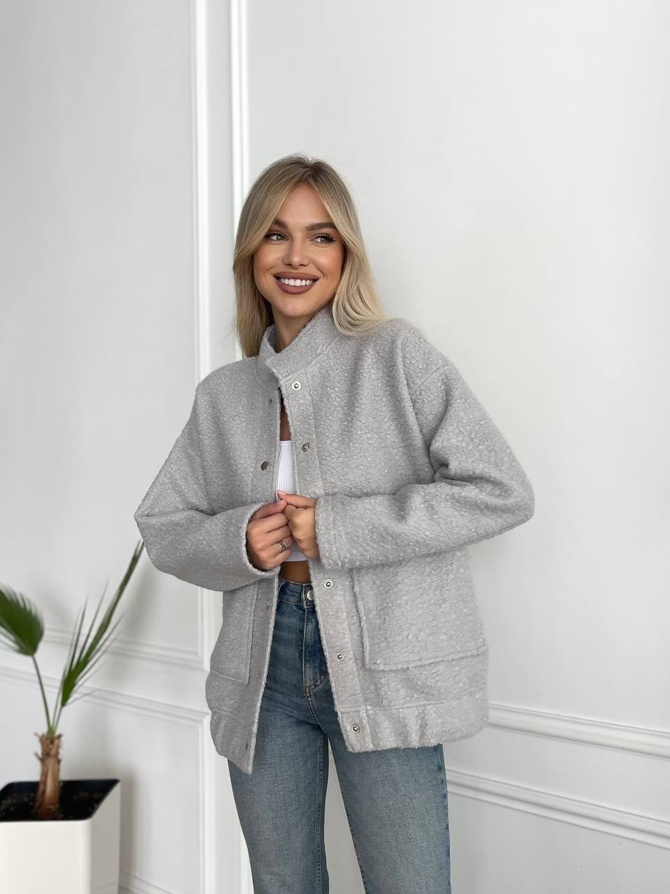 Womens Gray Boucle Sherpa Bomber Jacket