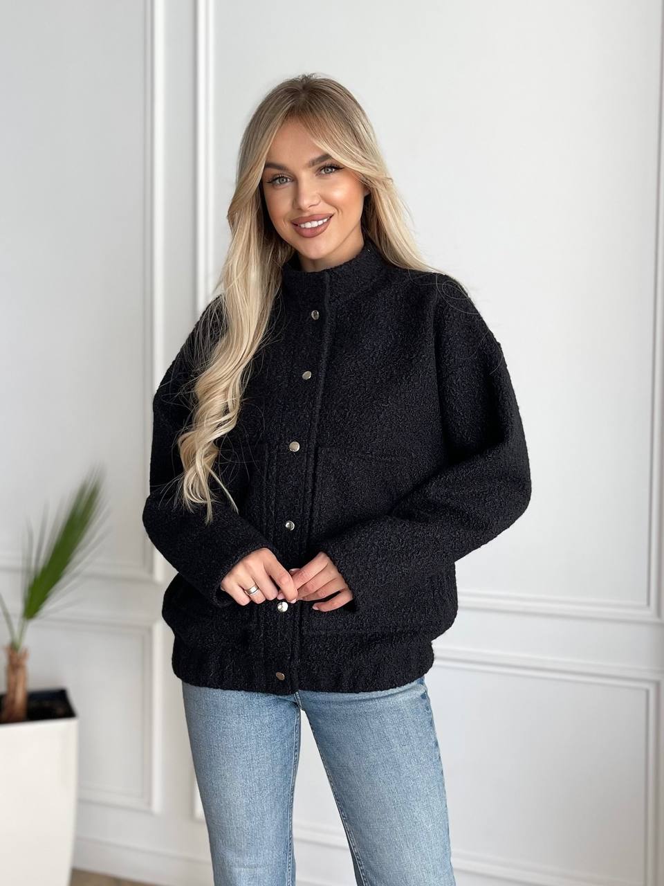 Black Boucle Sherpa Bomber Jacket for Women