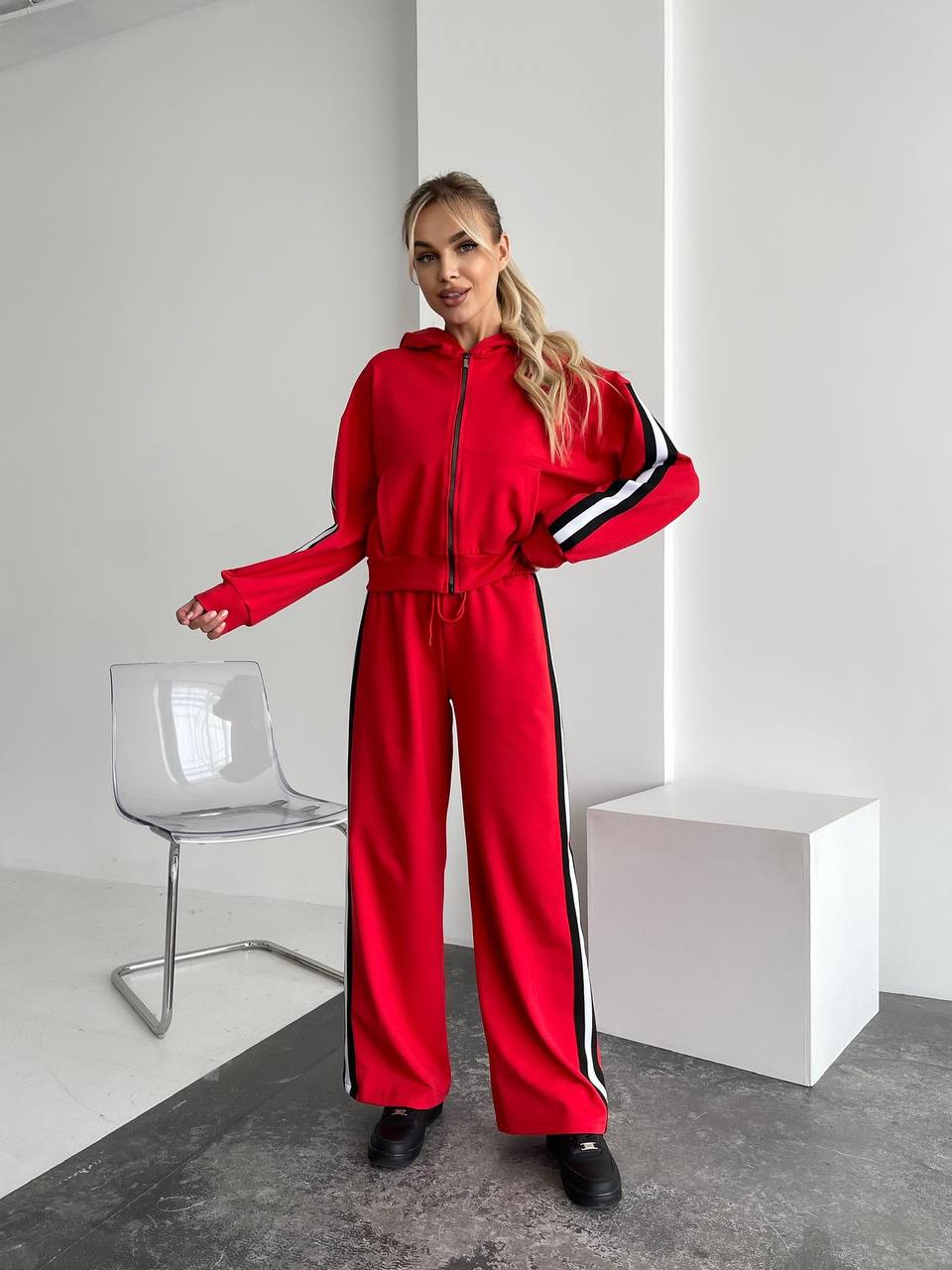Womens Red Tracksuit Italian Knit Casual Sportswear Set