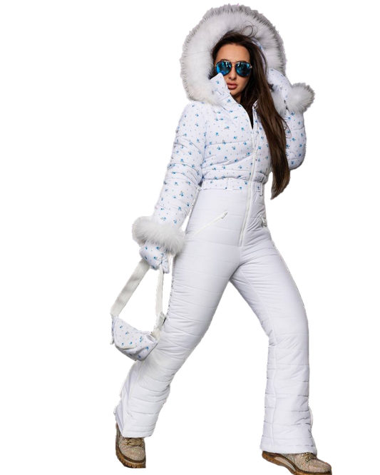 Person wearing a white puffer suit with fur trim on a white background
