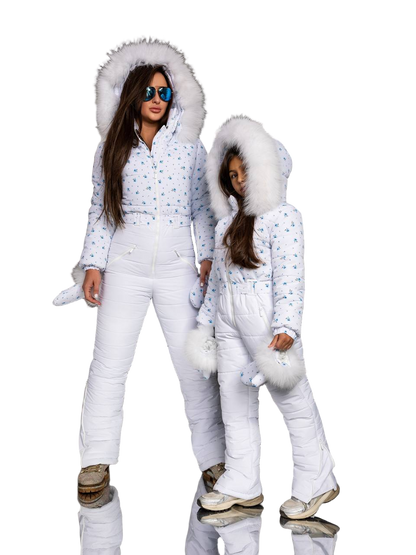 White With Blue Flowers Women And Kids Ski Jumpsuit with Belt Mittens and Bag Insulated Winter Snow Suit