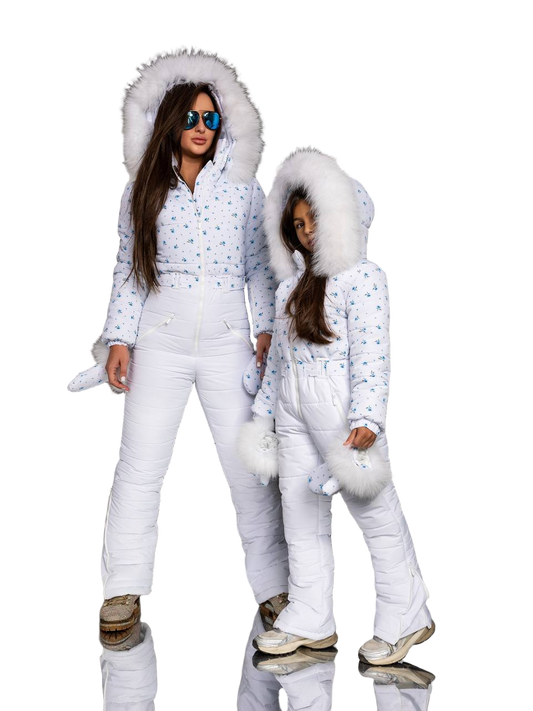 White With Blue Flowers Women And Kids Ski Jumpsuit with Belt Mittens and Bag Insulated Winter Snow Suit