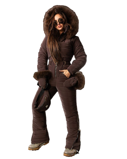 Chocolate Brown Womens Ski Jumpsuit with Belt Mittens and Bag Insulated Winter Snow Suit