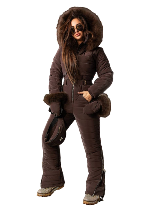 Chocolate Brown Womens Ski Jumpsuit with Belt Mittens and Bag Insulated Winter Snow Suit