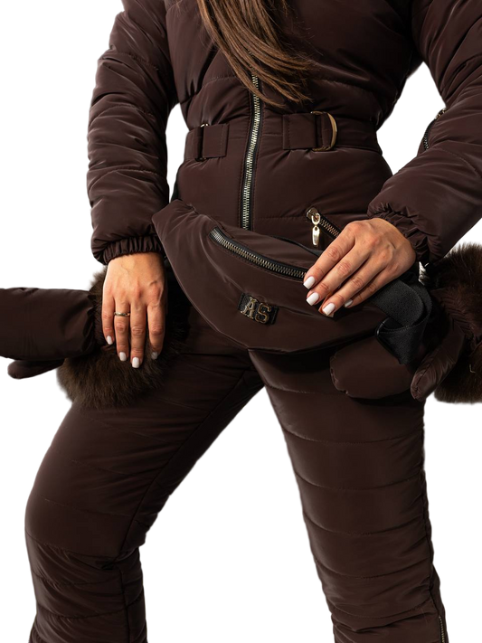 Person wearing a brown snowsuit with a matching fanny pack on a white background